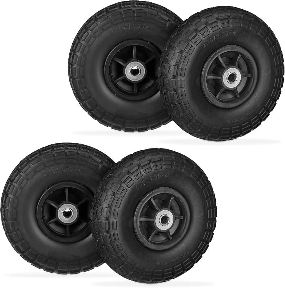 Relaxdays 4X Sackkarrenrad, pannensicher, Vollgummi, 4.10/3.50-4", Kunststofffelgen, bis 150 kg, 260x85 mm, schwarz