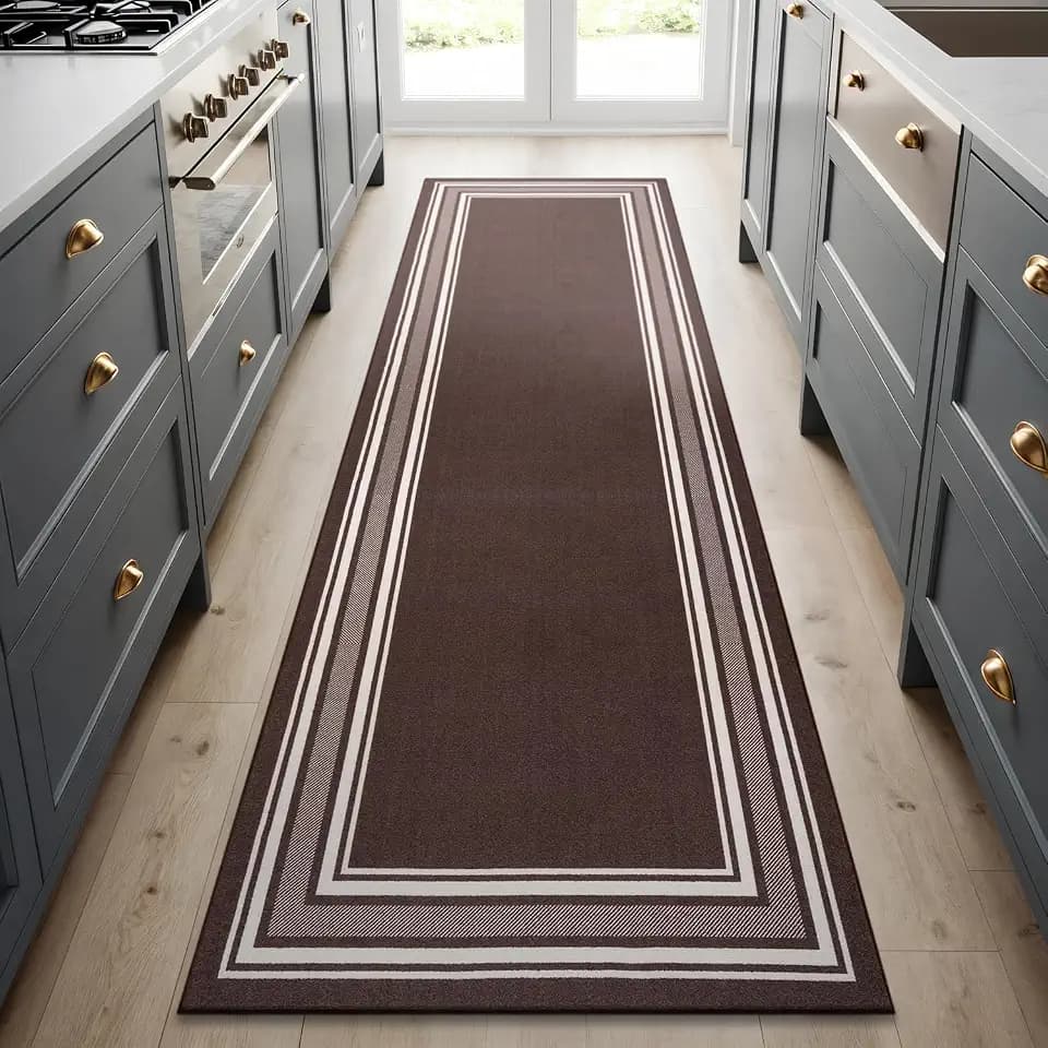 Non Slip Area Rugs 2x7 Modern Bordered Non Skid Rubber Backing Soft Runner Rug for Living Dining Room Easy to Clean Non Shedding Kitchen Bedroom Indoor Carpet 2 x 7 Brown