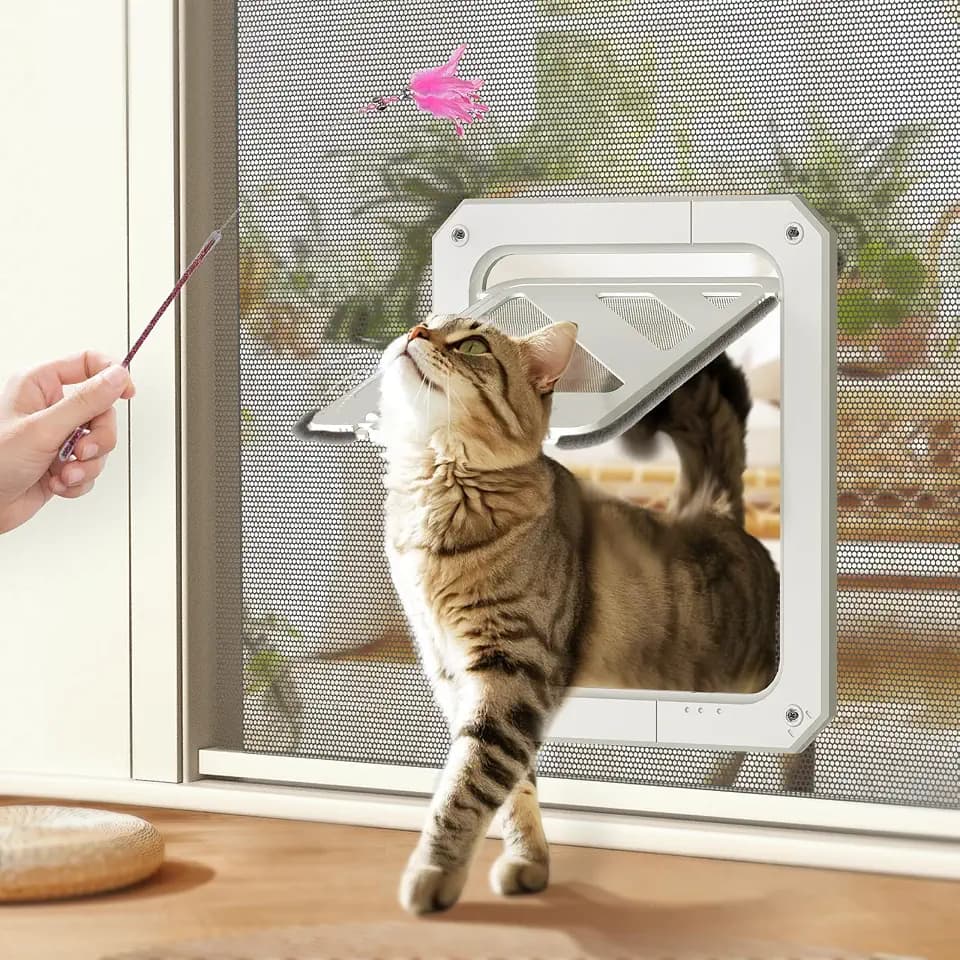 LIBBEPET Cat Door for Screen Door with Lockable Flap for Cat ≤20 lbs, White