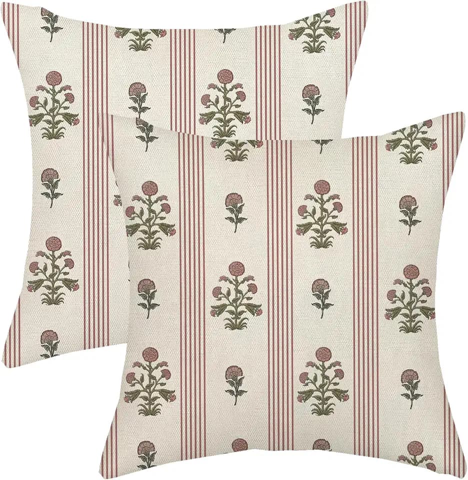 Pink Sage Green Pillow Covers 18x18 Inch Set of 2 Vintage Block Print Floral Throw Pillows Striped Flower Boho Decorative Pillow Cases Linen Outdoor Accent Linen Cushion Cover for Couch Sofa Bed
