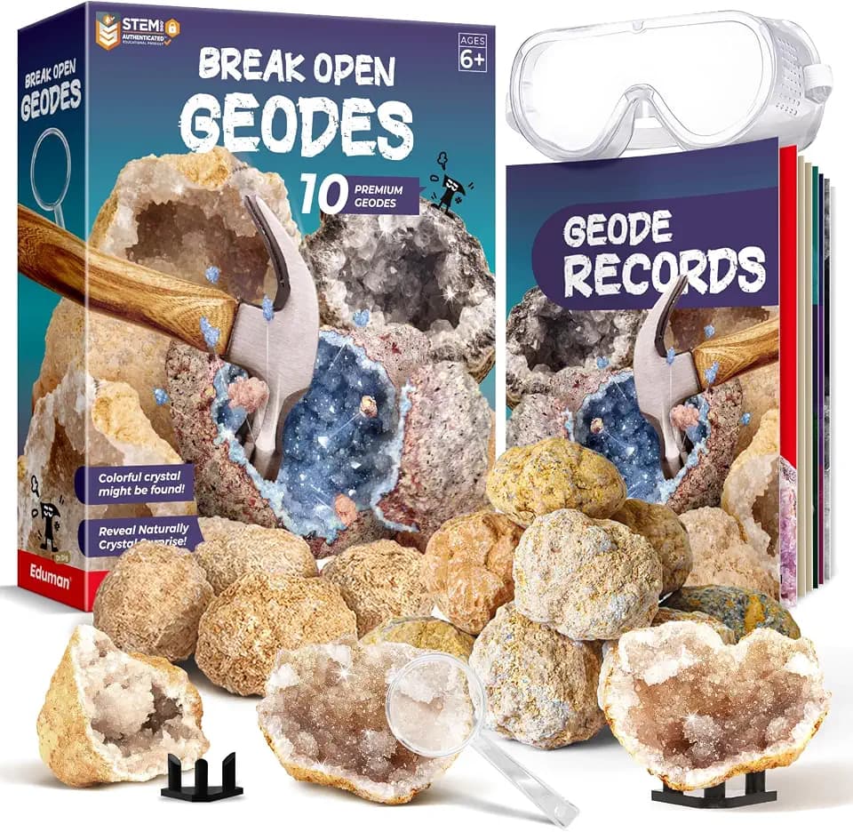 EDUMAN Geoden Zum Aufbrechen für Kinder, Natur Geoden Set in Groß und Klein, Inklusive Schutzbrille, Lupe, Aufbewahrungstasche, Geschenke für Jungen und Mädchen ab 8 Jahre