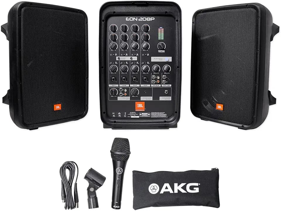 JBL Professional EON208P Portable All-in-One Dual Speaker, 2-way PA System with AKG Vocal Microphone, 8-Channel Mixer and Bluetooth, Black