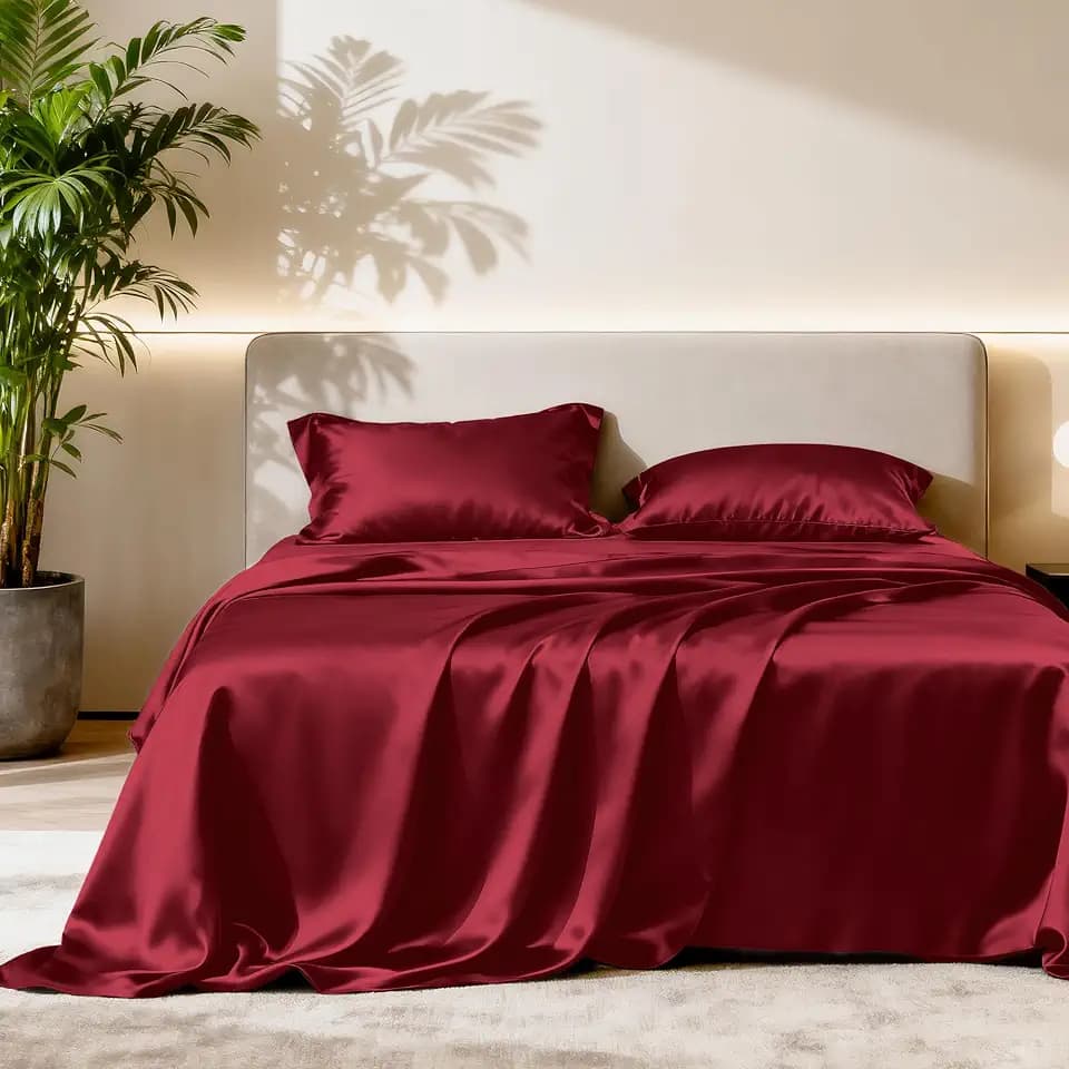 Love's cabin Satin California King Sheets Set, 4 Pieces, Burgundy