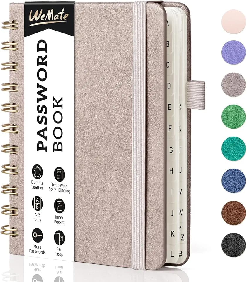 WEMATE Spiral Passwort Buch mit A-Z-Register, A6-10.5 x 14.8cm, Staubrosa