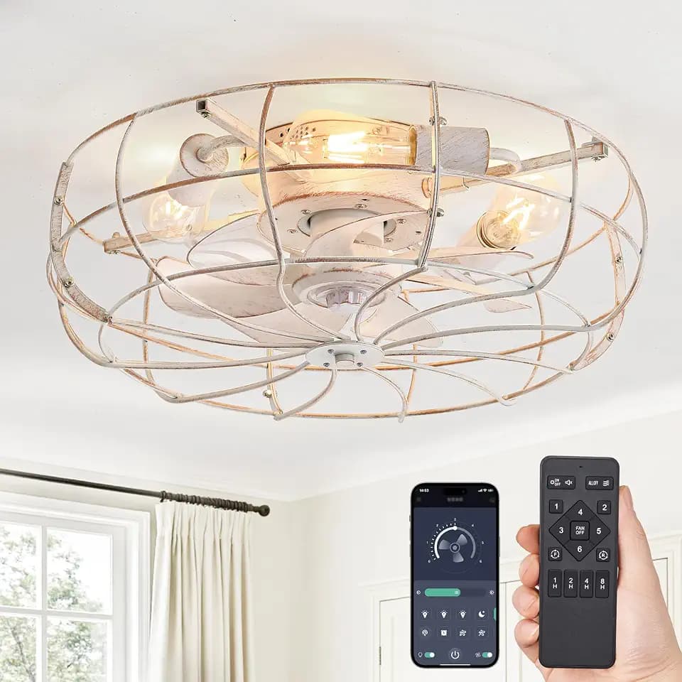LEDIARY 20" Caged Farmhouse Ceiling Fans with Lights and Remote/App, White
