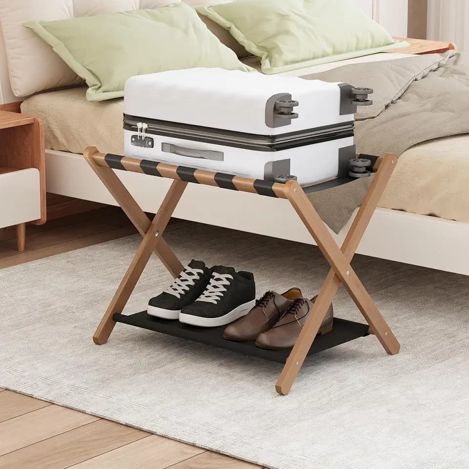 Smuxee Walnut Bamboo Luggage Rack for Guest Room, Foldable Suitcase Stand with Storage Shelf, Easily Assembled Luggage Stand with 5 Nylon Straps for Guest Room Bedroom Hotel