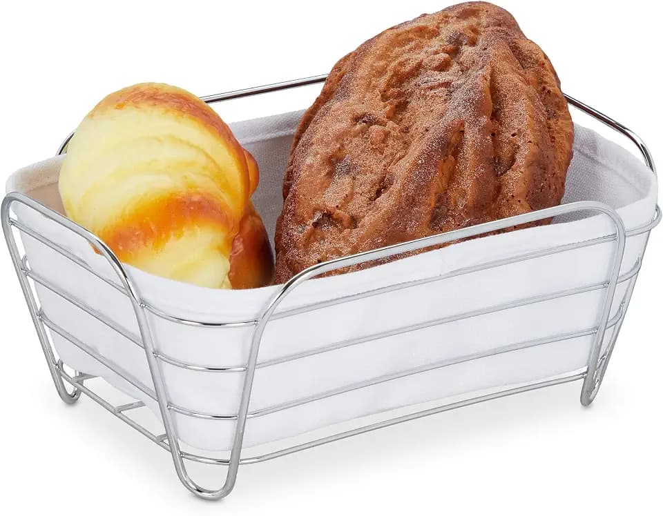 Relaxdays Brotkorb Metall mit Stoffeinsatz, eckig, Frühstückskorb für Brot & Brötchen, HBT: 10 x 23,5 x 17 cm, weiß