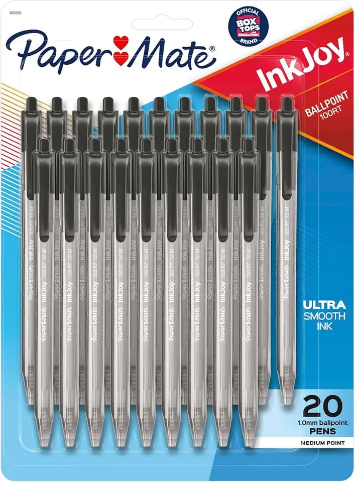 Paper Mate InkJoy 100RT Retractable Ballpoint Pens, Medium Point (1.0mm), Black, 20 Count - Writing, Journaling, Note-Taking, Office Supplies