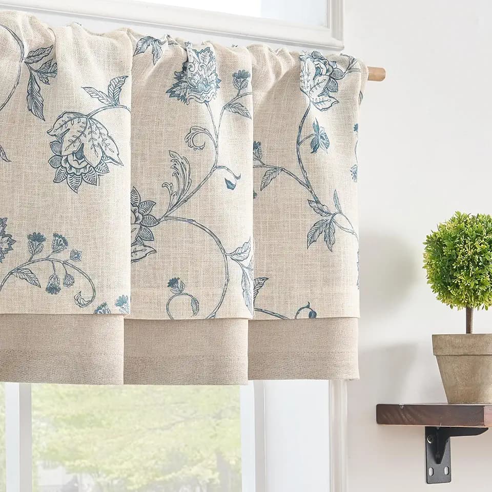 jinchan Linen Floral Valance Farmhouse 18 Inch 1 Panel Blue on Linen