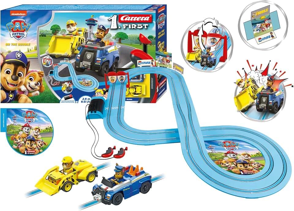 Carrera First PAW Patrol - On The Double Slot Car Race Track - Includes 2 Cars: Chase and Rubble - Battery-Powered Beginner Racing Set for Kids Ages 3 Years and Up