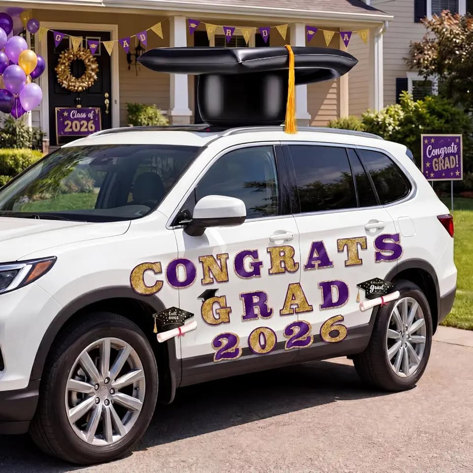 Xuhal 2027 Graduation Car Inflatable Cap Car Topper Letter, Purple, Gold