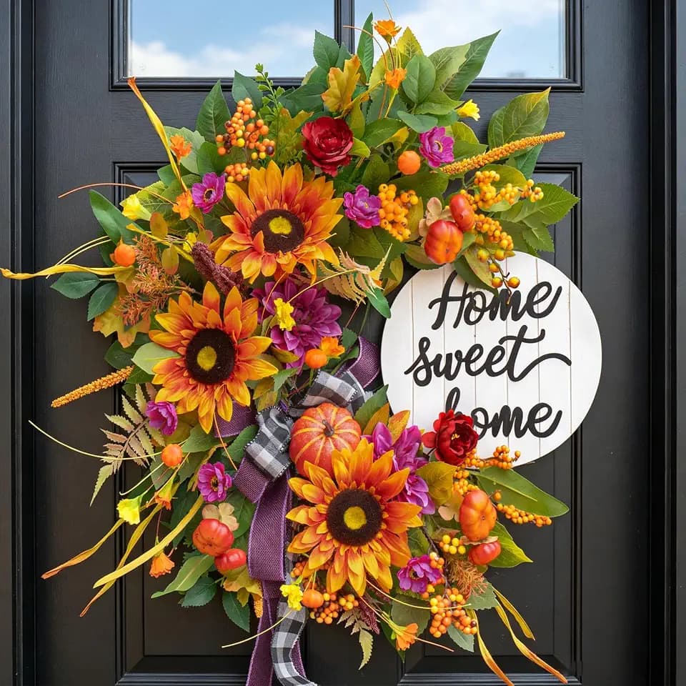 24 Inch Fall Wreaths for Front Door,Outdoor Autumn Wreath with Sunflowers