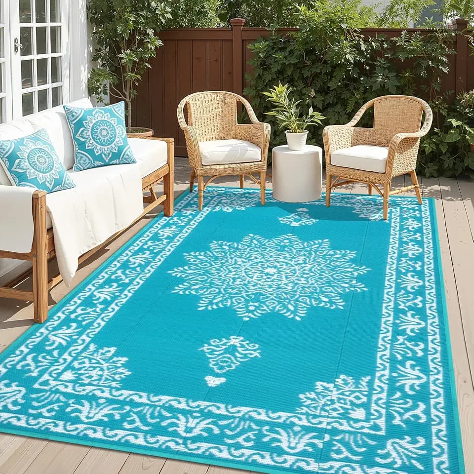 Yamaziot 6x9Ft Outdoor Rug Waterproof Plastic Straw Outdoor Patio Rug, Teal