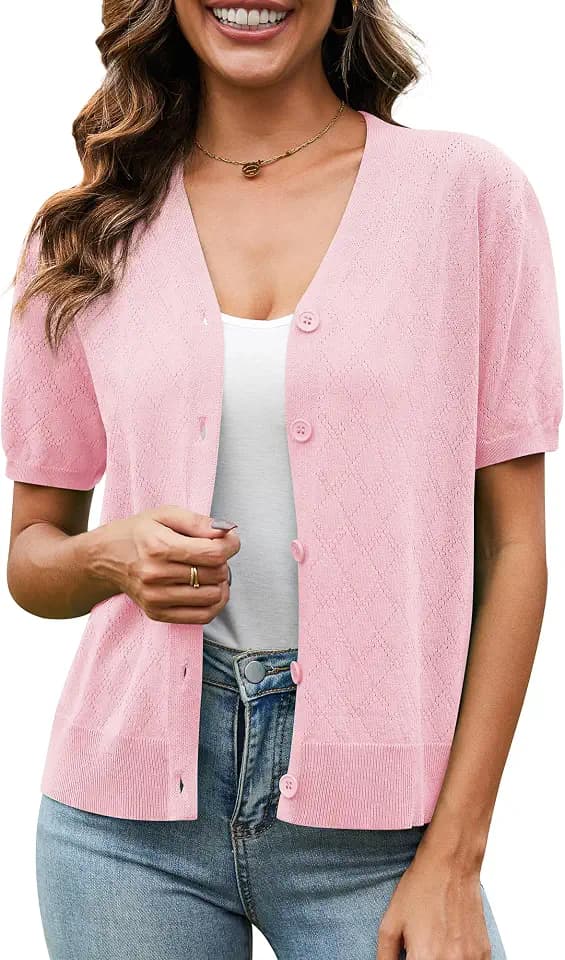 VIISHOW Short Sleeve Lightweight Summer Cardigan for Women, Button Down Open Front V Neck Crochet Knit Cropped Bolero Shrugs