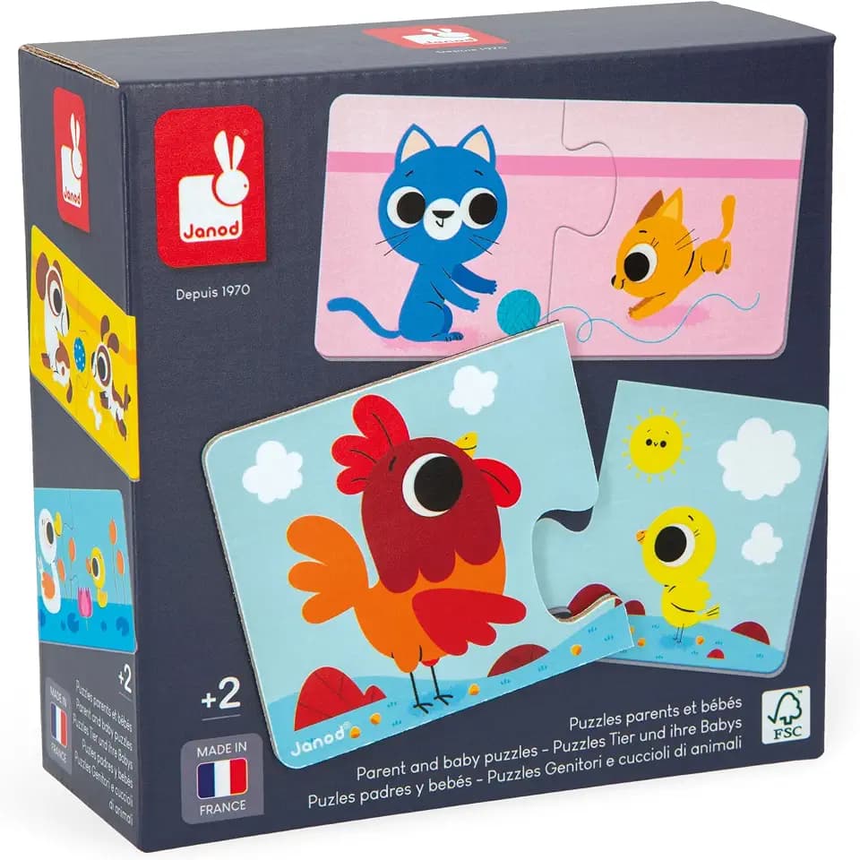 Janod - Eltern & Babytierpuzzle - 12 Puzzles mit 2 Teilen - Bildungsspiel - Feinmotorik & Konzentration - FSC-zertifiziertes Produkt & pflanzliche Tinten 2 Jahre - J02637