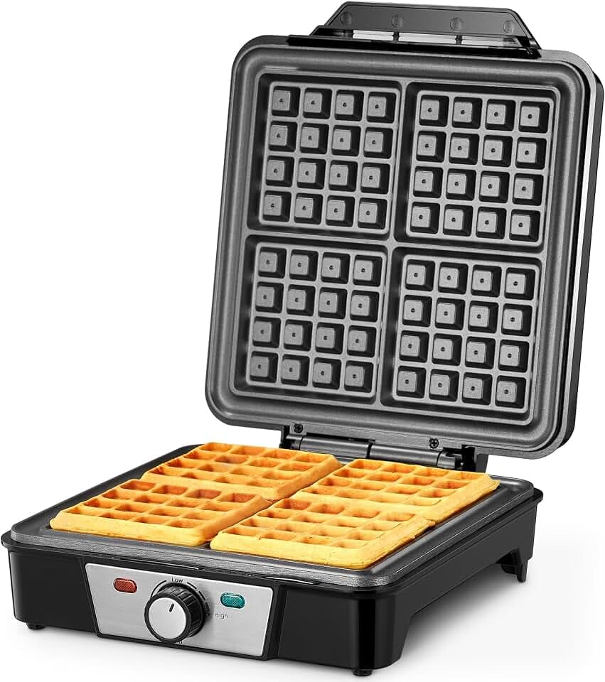Reemix Waffeleisen für 4 belgische Waffeln, 1200 W Waffel Elektrisch mit Antihaftbeschichtete Platten, Einstellbare Temperatur und Leichte Reinigung, Edelstahl