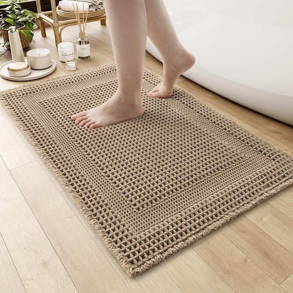 AMOAMI Waffle Bath Mat, Absorbent Bathroom Rugs Non Slip 18''x30'' Beige