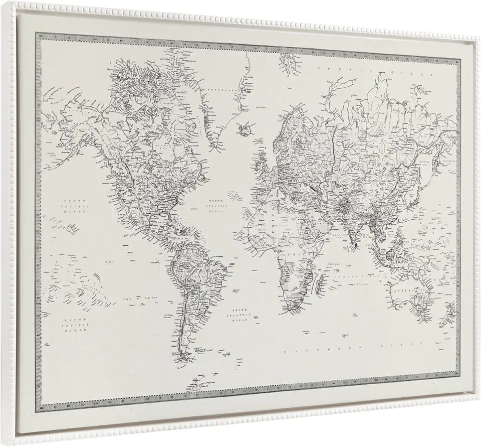 Kate and Laurel Sylvie Beaded Vintage Black and White World Map Vintage Framed Canvas Wall Art by The Creative Bunch Studio, 23x33 White, Modern Geographical Map Décor