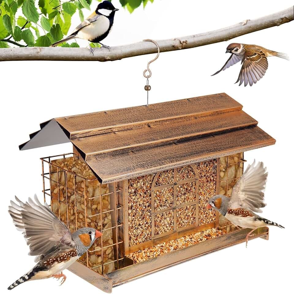 Bird Feeder for Outdoors, Metal Bird Feeder Hanging, 3.8LB Large Capacity with Double Suet Cages, Rainproof Roof, Attracts Cardinals, Finches, Blue Jays, for Backyard & Garden
