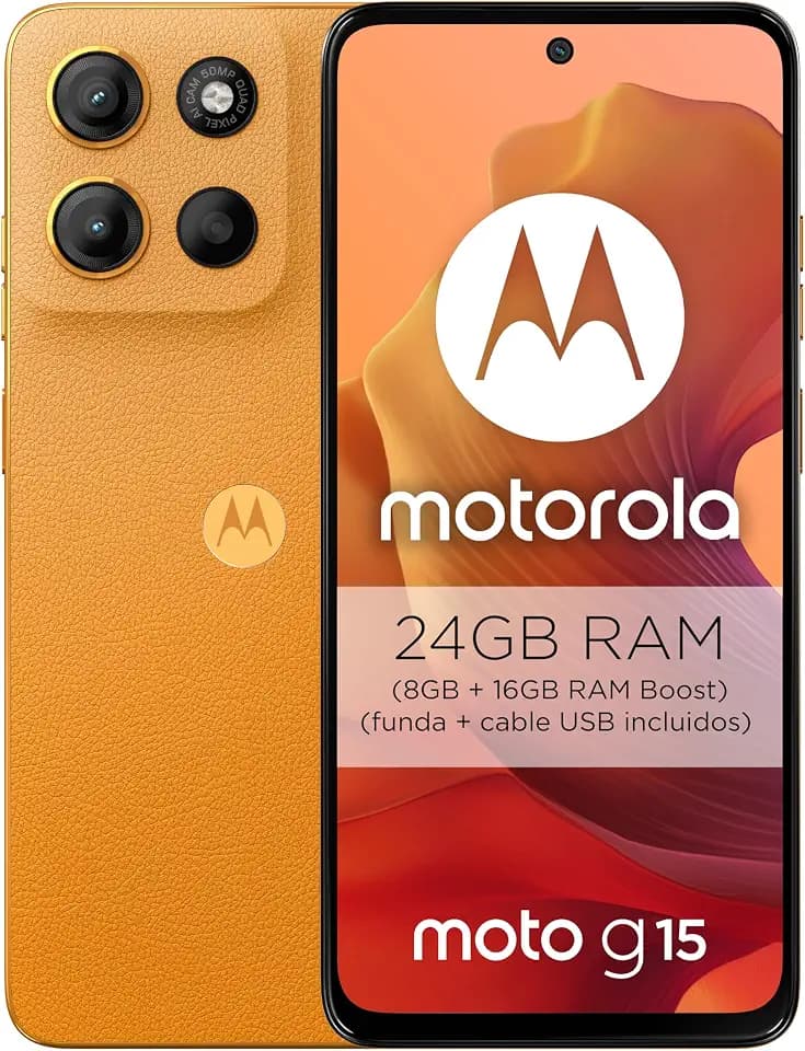 Motorola Moto G15, 24 GB (8 GB + 16 GB RAM Boost)/256 GB Orange, Spanien, 17,8 cm (6,72 Zoll) FHD+-Display, 50 MP Kamerasystem und Ultra-Weitwinkelobjektiv, 5100-mAh-Akku, TurboPower-Ladung, weich