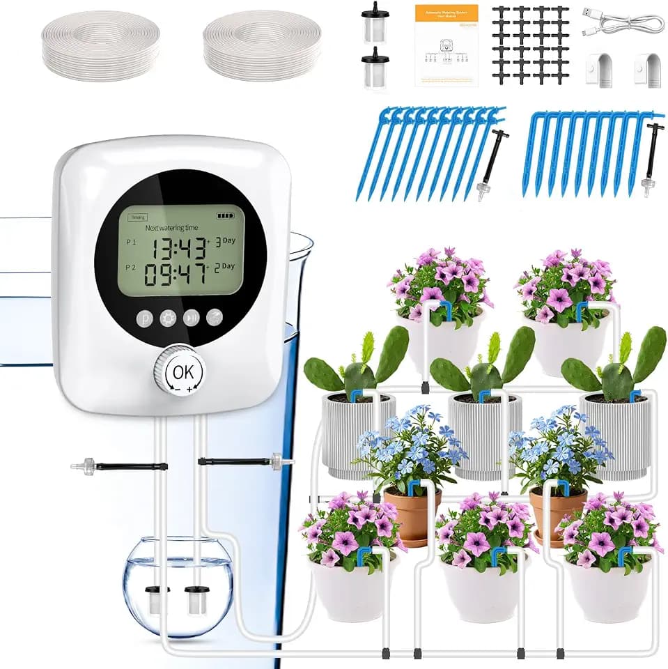 Automatische Bewässerung Pflanzen BewässerungssystemTropfbewässerung Indoor Garten Bewässerung mit Doppelte Pumpe Unabhängige Kontrolle, DIY Tropfbewässerungsset mit Einstellbar für Balkon