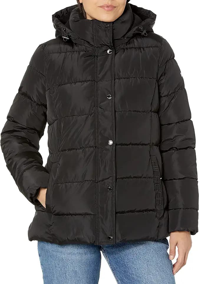 Tommy Hilfiger Damen Short Puffer With Removeable Hood Jacket Puffer Coat
