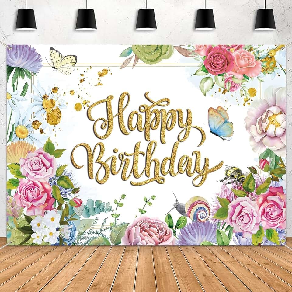 Flower Decoration Backdrop for Women Girl Birthday Party Spring Butterfly Happy Birthday Photography Background Greenery Pink Wildflower Banner 7x5ft