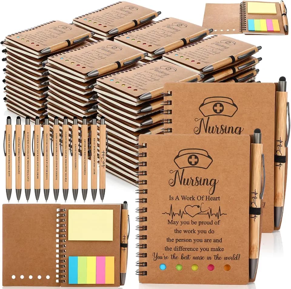 MotiMind 80 Sets Nurse Week Gifts Bulk 2026 Nurse Appreciation Gifts Thank You Notebooks and Bamboo Pens Inspirational Spiral Notebook with Sticky Note for Medical Assistant Coworkers