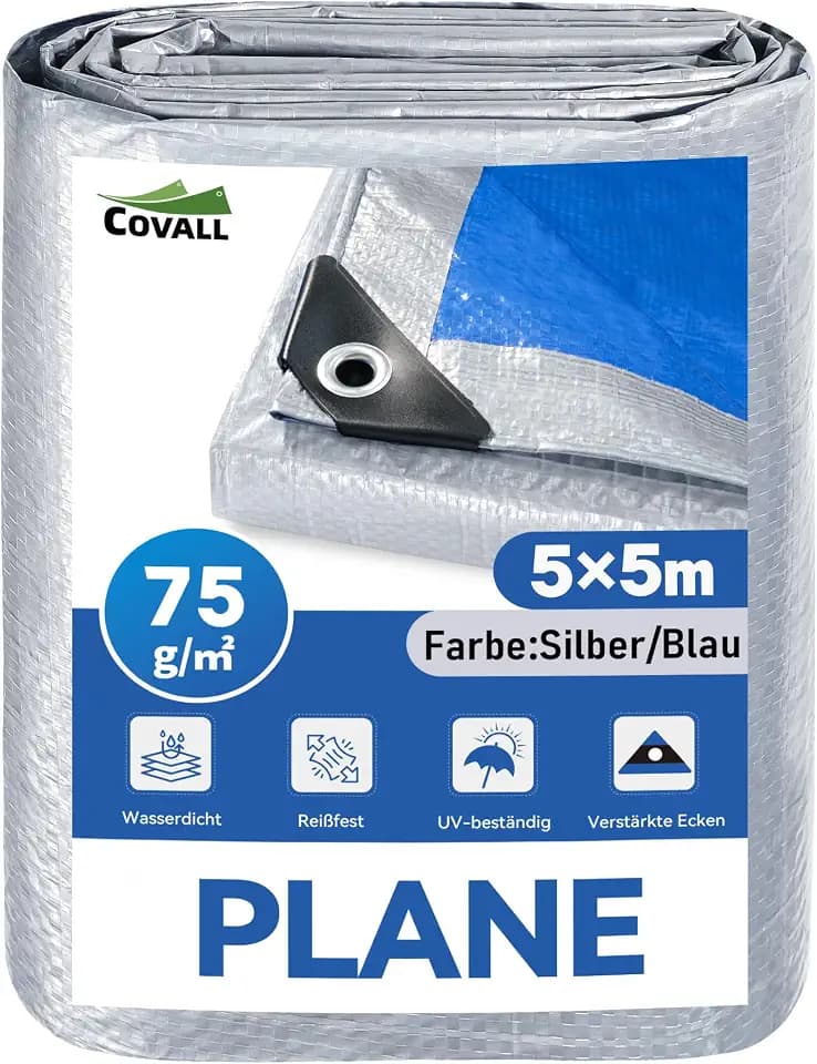 wasserdichte PE Plane 5 x 5 m – 75g/m², Silber/Blau Doppelseitig
