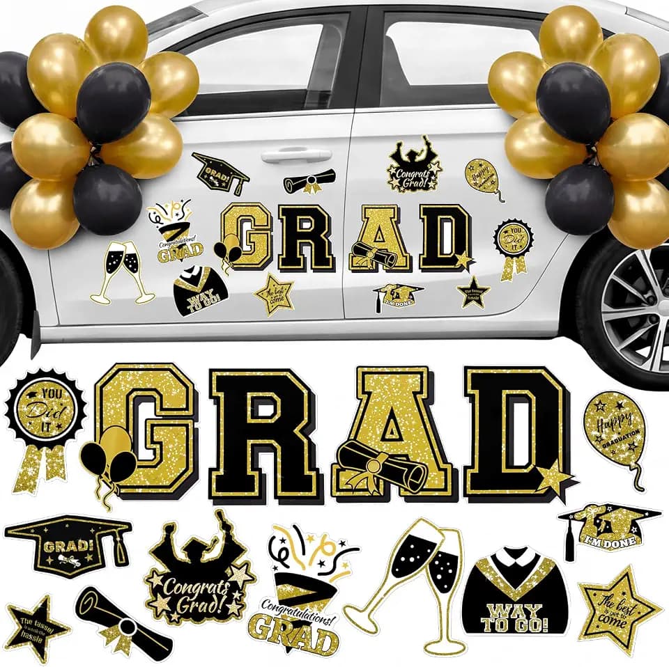 Gemscream 2026 Graduation Car Magnets Decorations 23'' Inflatable Graduation Cap 15 Pcs Congrats Grad Car Magnets Stickers Class of 2026 Decor for Parade, High School College(Gold and Black,Grad)
