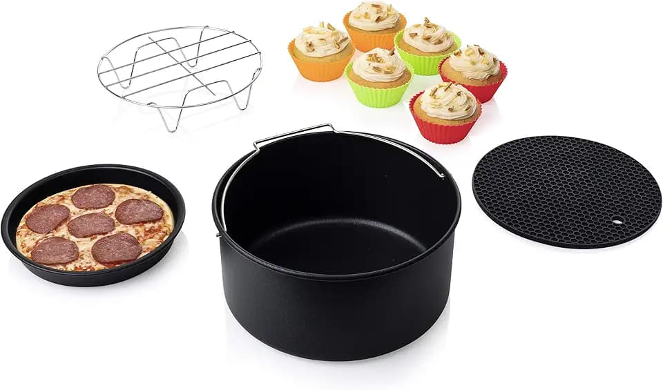 Princess 10-teiliges Airfryer Zubehör Set für XL Heißluftfritteuse 3,2 Liter, Backset mit Pizzablech, Kuchenform, Grillrost, Muffinform & Topfablage, Heißluftfritteusen Zubehör, Schwarz, 182011
