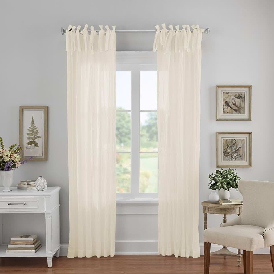 Elrene Home Fashions Crushed Semi-Sheer Adjustable Tie Top Single Panel Window Curtain Drape, 52" x 95" (1, Ivory