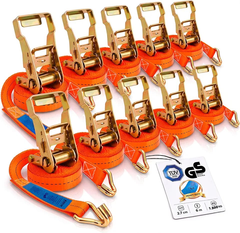 10 Stück Spanngurte 6m x 1500kg mit Ratsche und Haken - 27mm Zurrgurte mit Ratsche - Orange Ratschengurt für Ladungssicherung - TÜV/GS geprüft nach DIN EN 12195-2 - KODIAK STRAPS