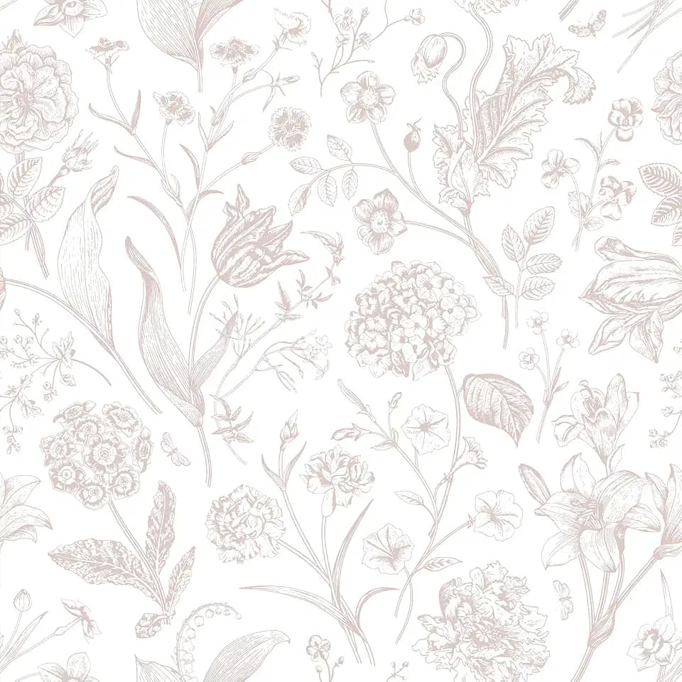 VEELIKE Dusty Pink Toile Wallpaper Peel and Stick Vintage Hand-Drawn Floral Wallpaper for Girls Bedroom Powder Room 17.7''x118'' Self Adhesive Contact Paper Removable Cottage Wall Paper for Nursery