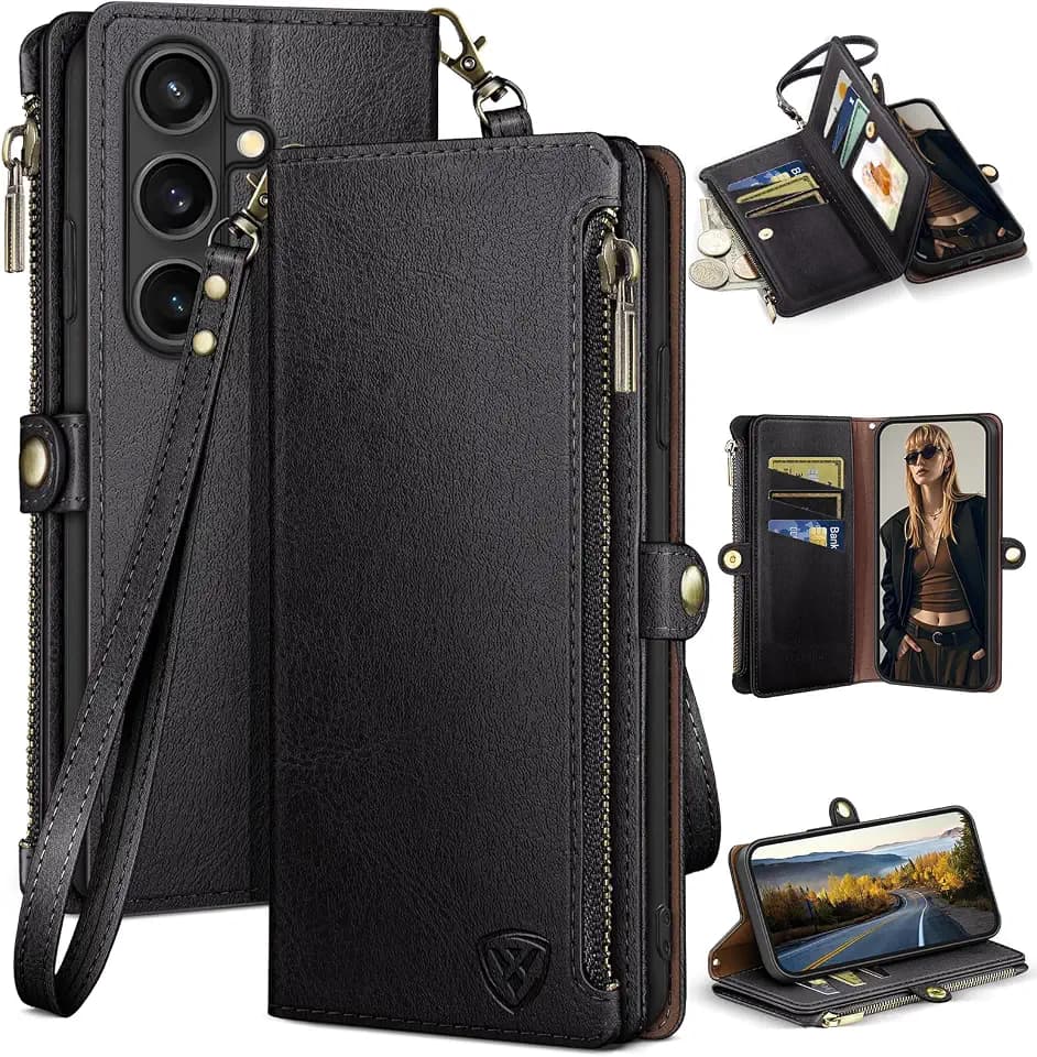 XcaseBar Compatible with ‌Samsung Galaxy S26 Wallet case with Zipper Credit Card Holder【RFID Blocking】,Flip Folio Book PU Phone case Shockproof Cover Women Men for Samsung S26 case Black