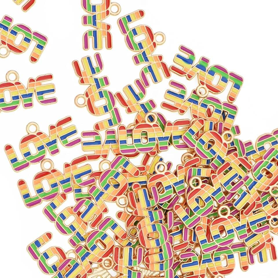 VIDRIO Pack of 80 Rainbow LOVE Enamel Charms Gold Plated Colored Pendants Accessories for Necklace Bracelet Jewelry Making DIY Crafting