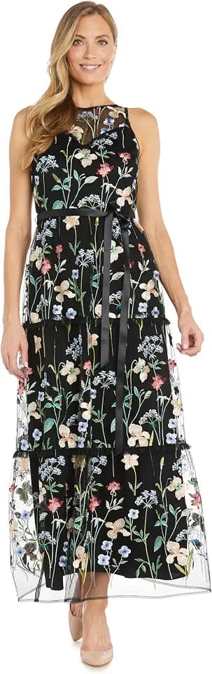 R&M Richards Women's Floral Threadwork Maxi Dress W/Tiered Skirt, Satin Waist Sash & Illusion Neckline