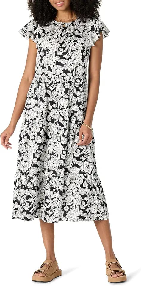 Amazon Essentials Damen Kleid aus 100% Baumwolle, Gestuftes Relaxed-Fit-Midikleid mit Rundhalsausschnitt