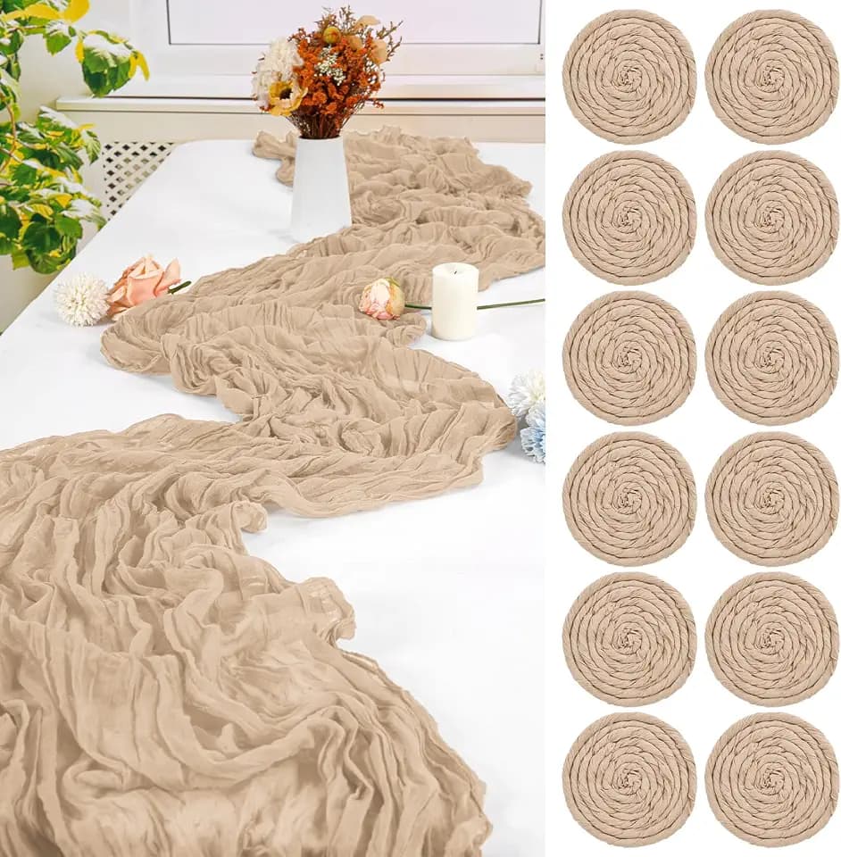 12 Pack Beige Cheesecloth Table Runner,10FT Gauze Boho Long Easter Cheesecloth Table Runners 20x120inch Rustic Cheese Cloth Table Runner for Wedding Party Bridal Shower,Table Decorations