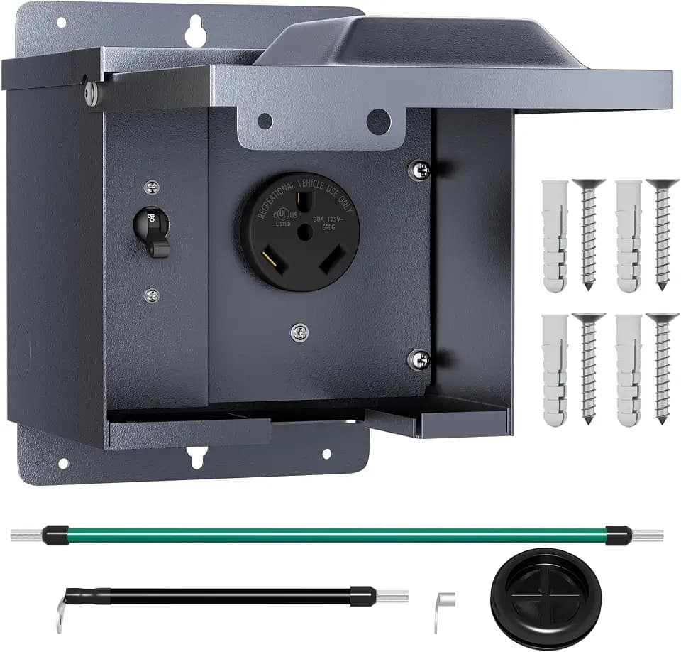 Joinfworld 30 Amp RV Power Outlet Box with Breaker, Weatherproof 125V Nema TT-30R RV Receptacle UL Listed, Lockable Electrical Breaker Box for RV Car Camper Trailer Motorhome