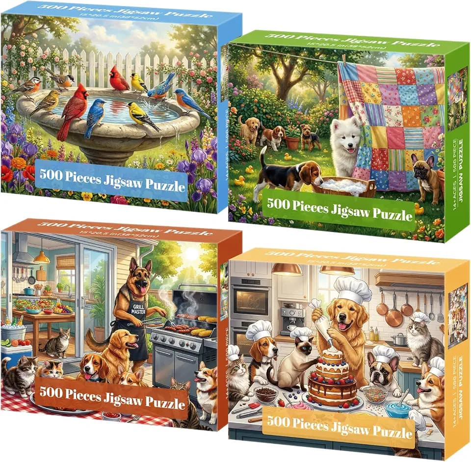 4-Pack 500 Piece Puzzles for Adults, Funny Dogs Cats Birds Flowers Jigsaw Puzzles for Adults 500 Pieces, Fun Challenging Jigsaw Puzzles 500 Pieces for Adults Gift for Family and Friends