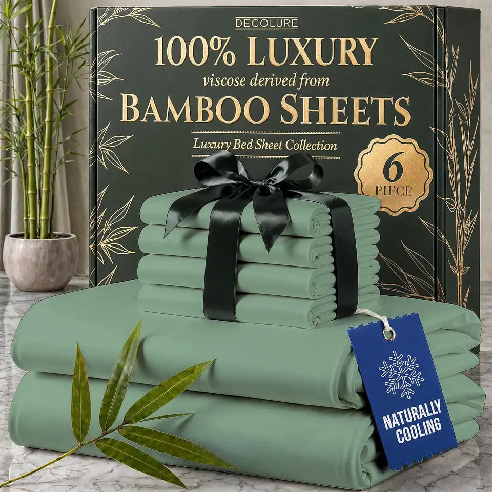 DECOLURE 100% Viscose Derived from Bamboo Sheets Full Size - Luxury 6 Pc Naturally Cooling Sheets, Ultra Soft Bed Set - Deep 17" Pockets, Durable Double Stitching, Oeko Tex Standard (Sage Green - 01)