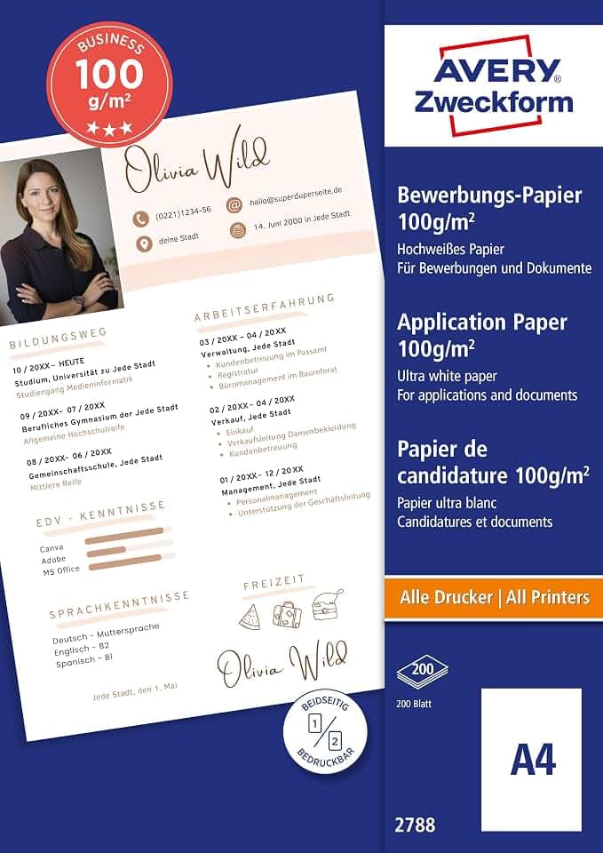 Avery Zweckform 2788 Business Inkjet Bewerbungspapier (200 Blatt, 100 g/m², A4, satiniertes Druckerpapier, beidseitig beschichtet, sofort trocken & wischfest, Geschäftspapier für Inkjet-Drucker) weiß