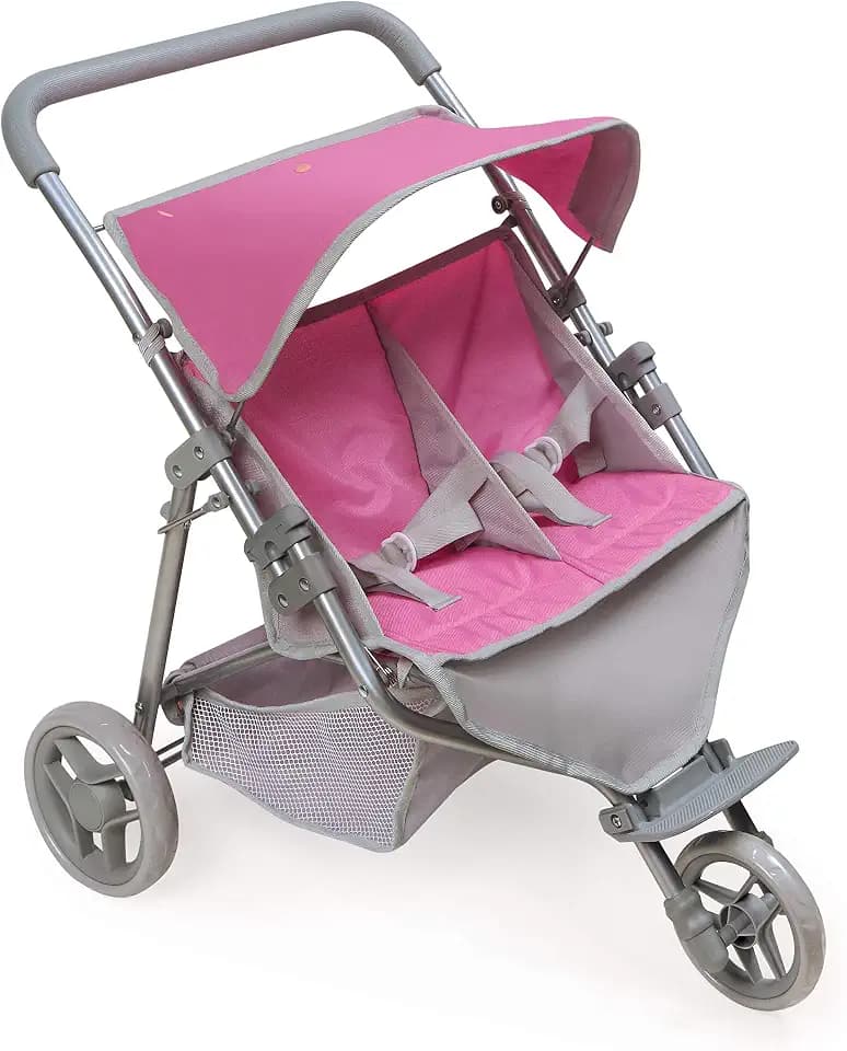 Badger Basket Folding Twin Doll Jogging Stroller with Basket - Gray/Pink