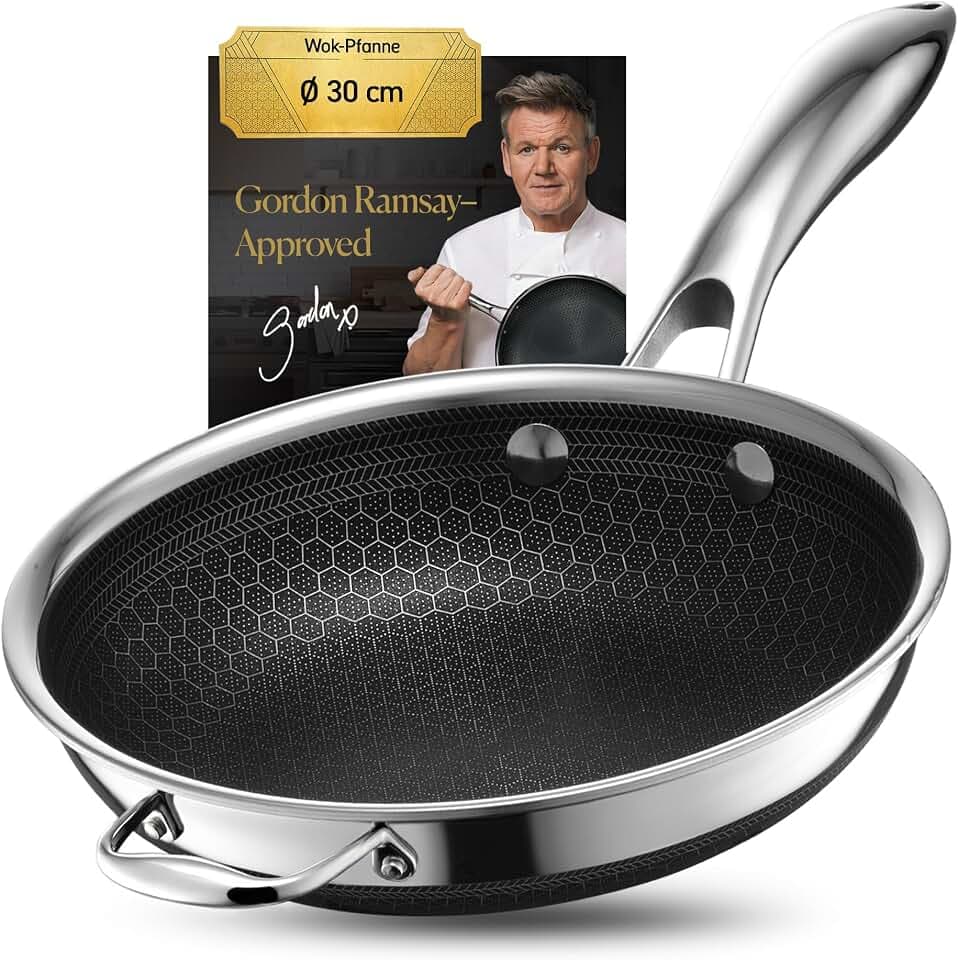 HexClad Hybrid-Wok Ø 30 cm – Edelstahl Wokpfanne, alle Herdarten | Antihaftbeschichtung, Stay-Cool-Griff, PFOA-frei, backofen- & spülmaschinenfest, auch Induktion