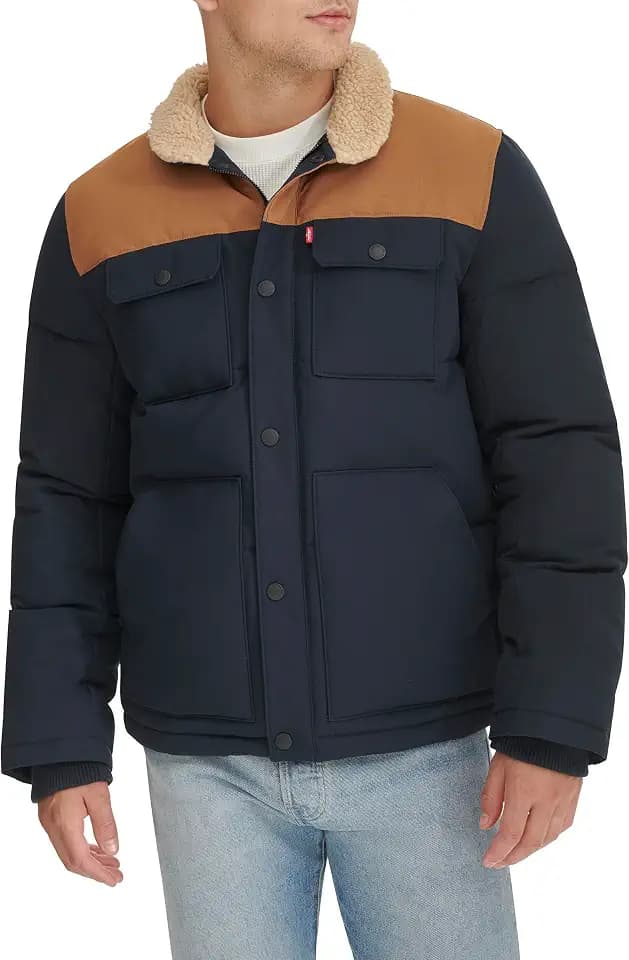 Levi's Men's Mixed Media Quilted Puffer Jacket With Sherpa Lined Collar (Regular and Big & Tall Sizes)