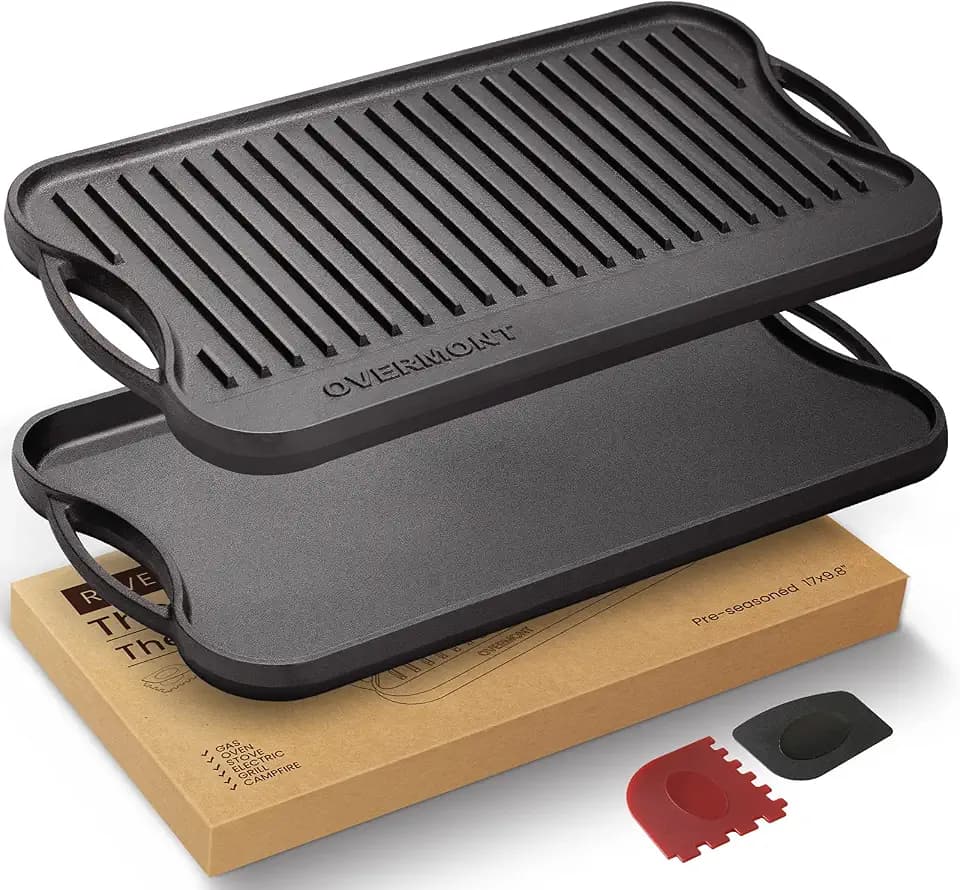 OVERMONT Gusseisenplatte Grillplatte Gusseisen Doppelseitiger - Grill mit Griffen 43,2 x 24,9 cm - für BBQ Ofen Herd Holzkohlegrill Gasgrill
