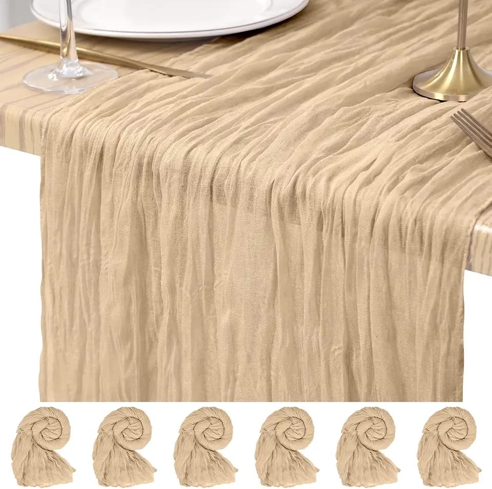 Pesonlook 6 Pack Cheesecloth Table Runner, Beige, Long, 21x120 inch