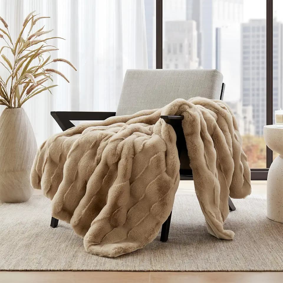 Madison Park Vivienne Faux Fur Throw Blanket Velvet, 50 x 60, Tan