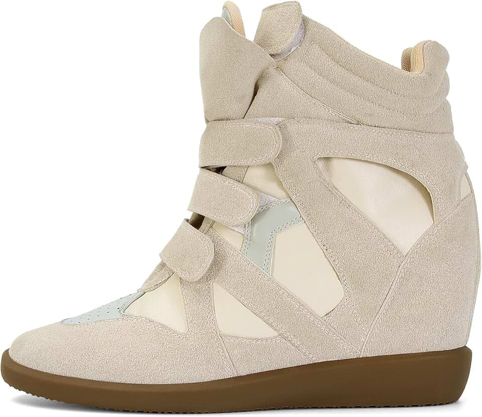 Wedge Sneakers for Women Heels Suede Hook and Loop Beige High Heel Platform Tennis Round Toe Triple Strappy Band Casual Vintage Fashion Dressy Comfy Campus Trendy Retro